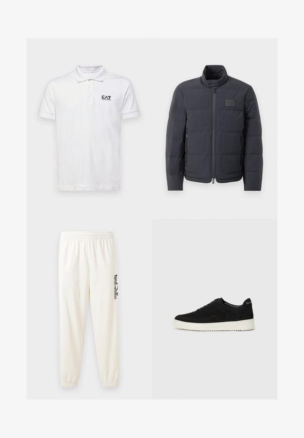Fekete steppelt dzseki magas gallérral, steppelt textúrával és elülső cipzárral. Bal mellkason egy kis logófolt található, valamint oldalsó zsebek.; Fehér pólóing, 100% pamutból készült. Klasszikus gallérral rendelkezik, három gomb található rajta, és a bal mellen egy kis fekete EA7 logó van. Rövid ujjú.; Világos bézs szabadidőnadrág rugalmas derékkal és rugalmas szárakkal. A bal lábon fekete nyomott logó található. Puha szövettextúra.; Fekete velúr sportcipő fűzős dizájnnal és kontrasztos fehér gumitalppal. Jellemzői a textúrázott oldalpanelek és a diszkrét logó a sarokon.