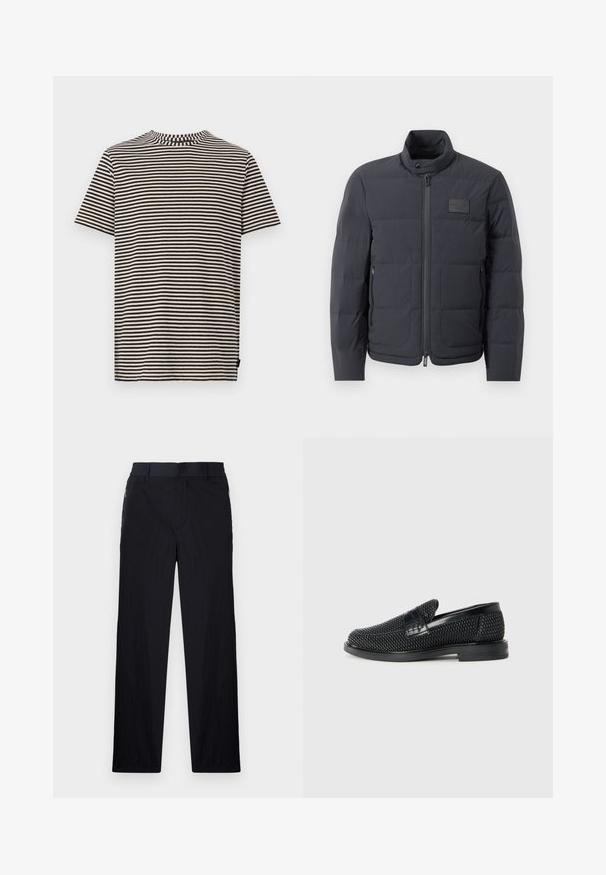 Black puffer jacket with a high collar, quilted texture, and a front zipper. Features a small logo patch on the left chest and side pockets.; Striped t-shirt in cream and black, short sleeves, round neckline, regular fit, made from cotton, featuring horizontal stripes and a tag on the side.; Black trousers featuring a lightweight, textured fabric, straight-leg design, elastic waistband, and side zip pockets.; Black woven slip-on shoe with a smooth leather accent on the upper, a round toe design, and a low-profile rubber sole.