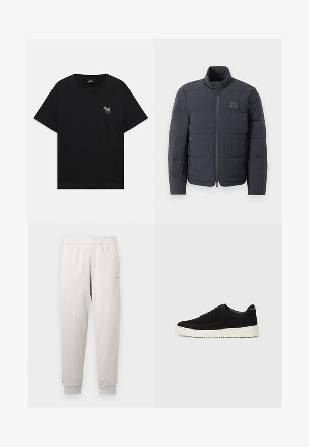 Black puffer jacket with a high collar, quilted texture, and a front zipper. Features a small logo patch on the left chest and side pockets.; Black short-sleeve T-shirt with a small embroidered white zebra on the left chest and a round neckline.; Light gray sweatpants with an elastic waistband, side pockets, ribbed cuffs, and subtle branding on the leg, made of soft fabric.; Black suede sneaker with lace-up design and contrasting white rubber sole. Features textured side panels and subtle branding on the heel.