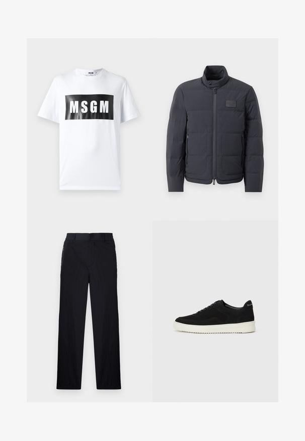 Schwarze Daunenjacke mit hohem Kragen, gestepptem Muster und einem Reißverschluss vorne. Verfügt über ein kleines Logopatch auf der linken Brust und seitliche Taschen.; Weißes Baumwoll-T-Shirt mit einem großen schwarzen rechteckigen Druck mit "MSGM" in fetten weißen Buchstaben. Kurze Ärmel und runder Ausschnitt.; Schwarze Hose aus leichtem, strukturiertem Stoff, mit geradem Bein, elastischem Bund und seitlichen Reißverschlusstaschen.; Schwarze Wildleder-Sneaker mit Schnürdesign und kontrastierender weißer Gummisohle. Verfügt über strukturierte Seitenpaneele und dezentes Branding an der Ferse.