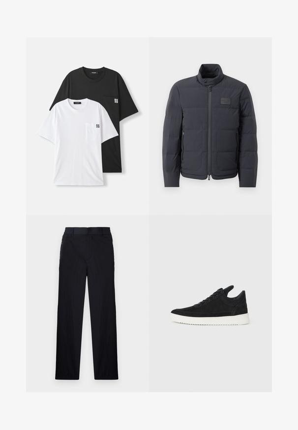Zwarte pufferjack met een hoge kraag, gewatteerde textuur en een rits aan de voorkant. Beschikt over een klein logo-opdruk op de linkerborst en zijzakken.; Twee t-shirts worden tentoongesteld: één zwarte en één witte, beide met korte mouwen en een klein borstzakje. Logo's zijn zichtbaar op het zakje.; Zwarte broek van een lichtgewicht, gestructureerde stof, met een recht model, elastische Tailleband en zijzakken met rits.; Zwarte suède sneakers met een witte rubberen zool, voorzien van tonale stiksels en een vetersluiting. Glad oppervlak met een moderne, gestroomlijnde vorm.