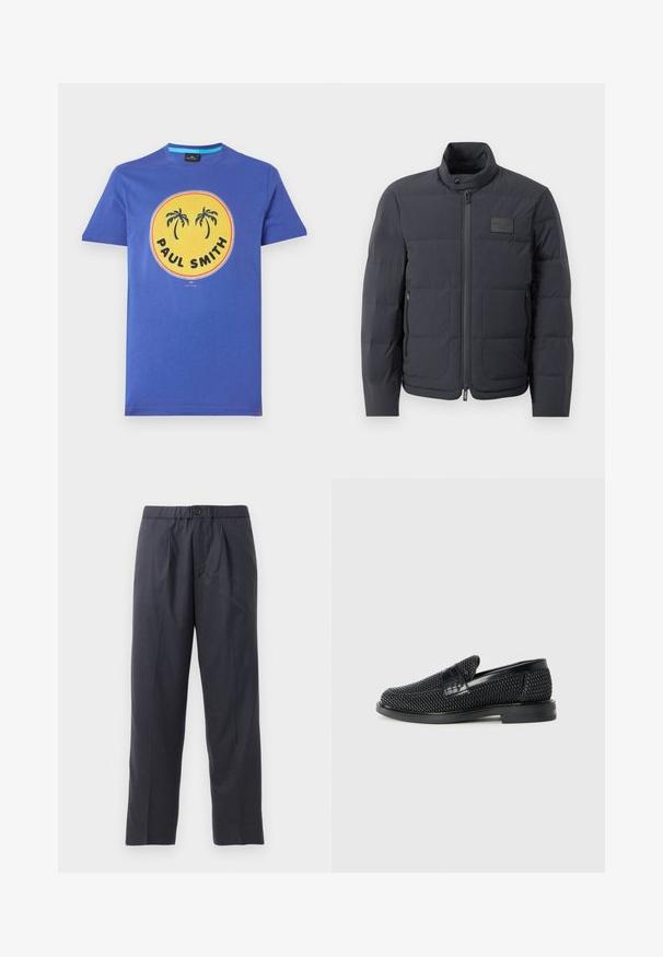 Juodas pūkuotas džemperis su aukštu kaklu, siuvinėta tekstūra ir priekiniais užtrauktukais. Yra mažas logotipo pleistras kairėje krūtinės pusėje ir šoniniai kišeniai.; Medvilninis marškinėliai su apvaliu kaklu, ryškiai mėlynos spalvos, su apvaliu geltonu grafiku, kuriame pavaizduoti palmių medžiai ir tekstas "PAUL SMITH". Trumpomis rankovėmis, reguliaraus kirpimo.; Tamsiai mėlynos kelnės, pagamintos iš švelnios medžiagos, su klostėtu priekiu ir elastingu juosmeniu. Yra mygtuko užtrauktukas ir tiesios išklikimo pjūvis.; Juodas pintas slip-on tipo batelis su lygiu odiniu akcentu viršuje, apvalios nosies dizainas ir žemas guminis padas.