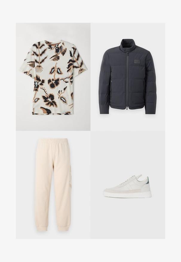 Fekete steppelt dzseki magas gallérral, steppelt textúrával és elülső cipzárral. Bal mellkason egy kis logófolt található, valamint oldalsó zsebek.; Rövid ujjú póló, puha anyagból készült, krém színű háttérrel, fekete, barna és világoskék absztrakt virágmintákkal.; Puhaszövetből készült bézs melegítőnadrág, elastikus derékkal és passzéval ellátott bokákkal. Az oldalon egy diszkrét, dombornyomott logó található.; Fehér bőr sportcipők szürke bársonyos részletekkel, fűzős kivitelben, hátul húzófüllel és texturált gumi talppal, amelyen zikk-zakk minta található.