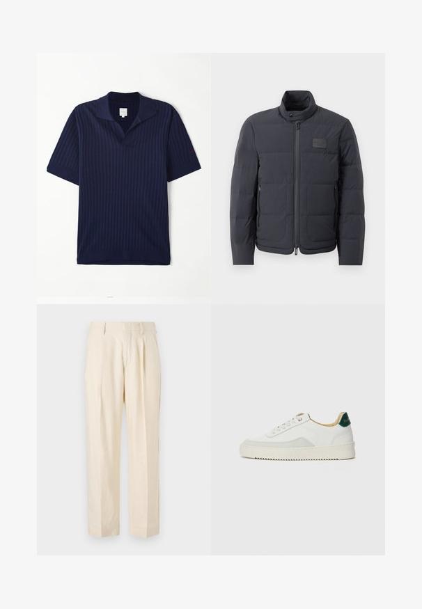 Fekete steppelt dzseki magas gallérral, steppelt textúrával és elülső cipzárral. Bal mellkason egy kis logófolt található, valamint oldalsó zsebek.; Tengerészkék, rövid ujjú pólóing bordás textúrával, lapos gallérral és piros hímzett logóval a bal ujján.; NN.07 KAY - Nadrágok - off white; Fehér sneaker suédé részletekkel, kerek orral, lapos fűzőkkel és krémszínű gumitalppal. Zöld logó található a sarkán.