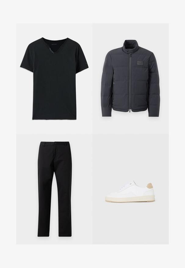 Casaco puffer preto com gola alta, textura acolchoada e fecho éclair frontal. Apresenta um pequeno emblema no lado esquerdo do peito e bolsos laterais.; T-shirt de algodão preto com decote em V, mangas curtas e cinco botões na gola. Tecido liso com detalhes de costura mínimos.; Calças pretas de perna reta com fecho de botão e zip, passantes para cinto e bolsos frontais, exibidas sobre fundo branco.; Sapatilhas brancas de cano baixo com parte superior em couro texturizado, sola cream estriada e detalhe em tan no calcanhar. Apresenta atacadores brancos e detalhe do logótipo no calcanhar.