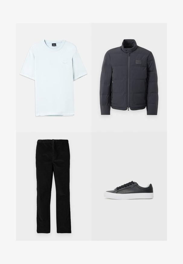 Čierna puffová bunda s vysokým golierom, prešívanou textúrou a predným zipsom. Obsahuje malú nášivku loga na ľavej hrudi a bočné vrecká.; Svetlomodré bavlnené tričko s krátkymi rukávmi, okrúhlym výstrihom a malým logom v svetlejšom odtieni na hrudi. Hladká textúra, bežný strih.; Čierne saténové nohavice s rovnými nohavicami, elastickým pásom a predným šnúrkovým zapínaním, vystavené na bielom pozadí.; Čierne kožené tenisky s bielou gumovou podrážkou, okrúhlou špičkou a čiernymi šnúrkami, s hladkou textúrou a minimalistickým dizajnom.