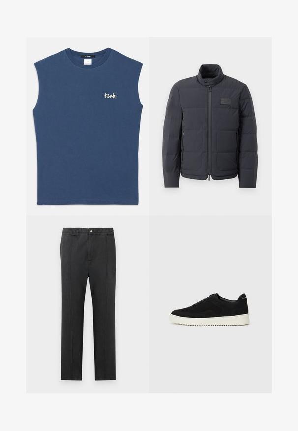 Must musternakk, millel on kõrge kaelus, tikkimise tekstuur ja esi tõmblukk. Iseloomustab väike logopatch vasakul rinnal ja küljetaskud.; Sinine ilma varrukateta puuvillane särk ümmarguse kaelusega. Ees väikene valge "Ksubi" logo. Sile tekstuur, lõdva mõõtmega disain.; Mustad püksid elastse vöökohaga, lame esitükk, kaks küljetaskut ja dekoratiivse õmblusega. Ei mingeid nähtavaid mustreid ega riistvara detaile.; Mustad suede jooksujalatsid, millel on paelad ja kontrastne valge kummitald. Omab tekstuuriga külgpaneele ja tagasihoidlikku brändimist kandadel.