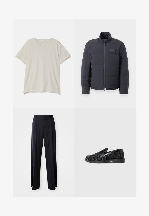 Must musternakk, millel on kõrge kaelus, tikkimise tekstuur ja esi tõmblukk. Iseloomustab väike logopatch vasakul rinnal ja küljetaskud.; Heledbeez t-särk, mis on valmistatud pehmest puuvillast, ümmarguse kaelusega ja lühikeste varrukatega. Sile tekstuur ja lõdva lõikega disain.; Mustad, kõrge vöökohtaga püksid laia säärte lõikega, valmistatud siledast kangast. Omab ees plekke ja vöörihmade jaoks silmuseid. Minimalistlik disain, nähtavat riistvara pole.; Must musta kootud slip-on king, millel on pehme nahast accent ülaserval, ümmargune varvas ja madal profiiliga kummitald.