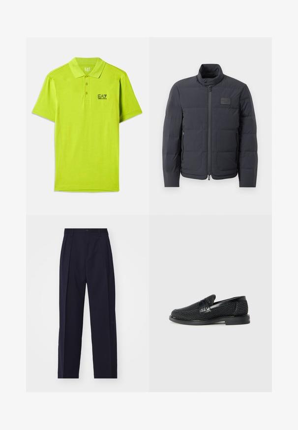 Fekete steppelt dzseki magas gallérral, steppelt textúrával és elülső cipzárral. Bal mellkason egy kis logófolt található, valamint oldalsó zsebek.; Fényes lime zöld póló, puha anyagból, klasszikus gallérral, három gombos kivágással, és fekete EA7 logóval a mellkason.; Tengerészkék, testre szabott nadrág egyenes lábakkal, elöl redők, gombos záródás és látható zsebek nélkül. Simaságot sugárzó szövet.; Fekete szőtt slip-on cipő sima bőr díszítéssel a felsőrészen, kerek orral és alacsony profilos gumitalppal.