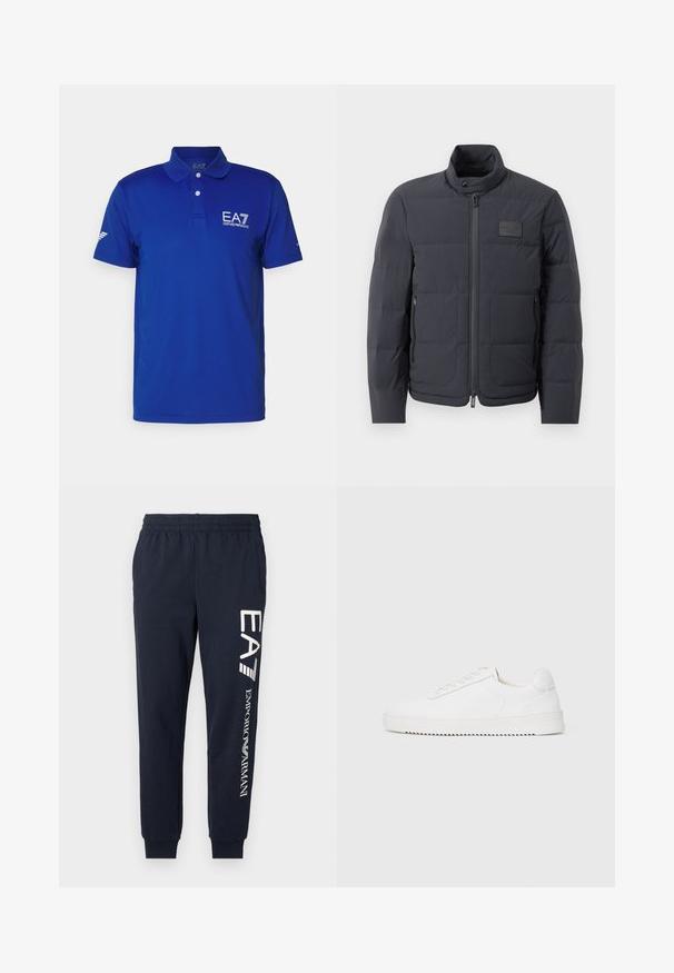Chaqueta acolchada negra con cuello alto, textura acolchada y cierre frontal. Presenta un pequeño parche con logo en el pecho izquierdo y bolsillos laterales.; Polo azul hecho de una tela transpirable, con un collar, tres botones y el logo de EA7 en el pecho. Mangas cortas con una marca sutil.; Joggers de algodón azul marino con cinturilla elástica, piernas estrechas y logotipos en blanco de EA7 y Emporio Armani impresos a lo largo del costado.; Zapatilla blanca con parte superior de cuero suave, puntera redondeada, cordones, acentos laterales texturizados y suela de goma gruesa. Diseño minimalista.