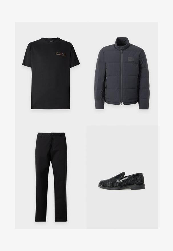 Chaqueta acolchada negra con cuello alto, textura acolchada y cierre frontal. Presenta un pequeño parche con logo en el pecho izquierdo y bolsillos laterales.; Camiseta de algodón negra con cuello redondo y mangas cortas. Presenta un gráfico colorido de anillos superpuestos en el lado izquierdo del pecho.; Pantalones rectos negros con cierre de botón y cremallera, pasadores para cinturón y bolsillos delanteros, exhibidos sobre un fondo blanco.; Zapato negro de tejido con un acento de cuero suave en la parte superior, diseño de punta redonda y suela de goma de perfil bajo.