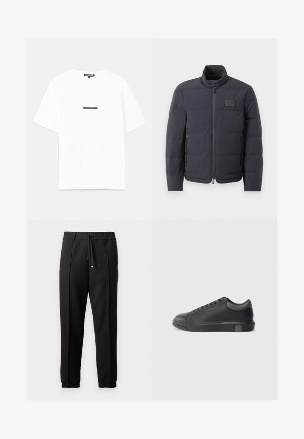 Črna napihnjena jakna z visokim ovratnikom, prešito teksturo in sprednjim zadrgo. Ima majhno logo nalepko na levem prsnem delu in stranske žepe.; Bela bomba iz 100% bombaža s sproščenim krojem, s kratkimi rokavi in črnim logotipom "MICHAEL KORS" natisnjenim čez sredino.; Črne hlače z pasom, vrvico in elastičnimi manšeti. Imajo nabore in gladko teksturirano blago.; Črne usnjene teniske s gladko površino, zaobljenim prstom in temno sivo akcenti. Imajo sistem vezanja in teksturiran gumijast podplat.