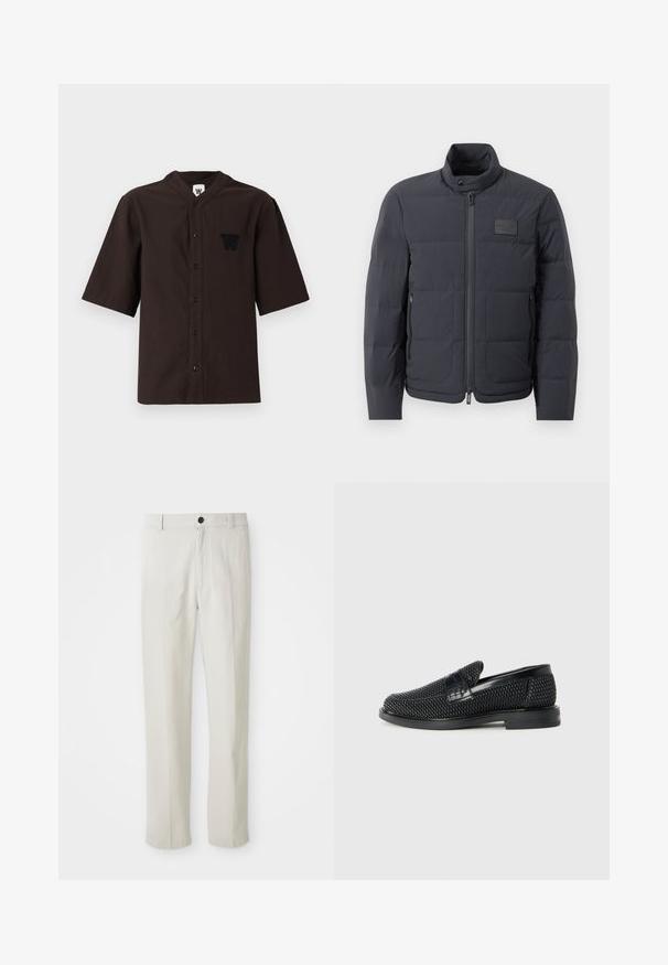 Svart puffjacka med hög krage, quiltad textur och dragkedja framtill. Har en liten logotipp på vänster bröst och sidfickor.; Mörkbrun kortärmad skjorta med mandarin-krage, knappstängning och en broderad logotyp på vänster bröstficka. Tillverkad av bomull, med textur.; Beiga raka byxor med bälteshällor, framknäppning och dragkedja, uppvisade platt på en vit bakgrund.; Svart vävd slip-on sko med en slät läderdetalj på ovansidan, med rund tådesign och en låg gummisula.