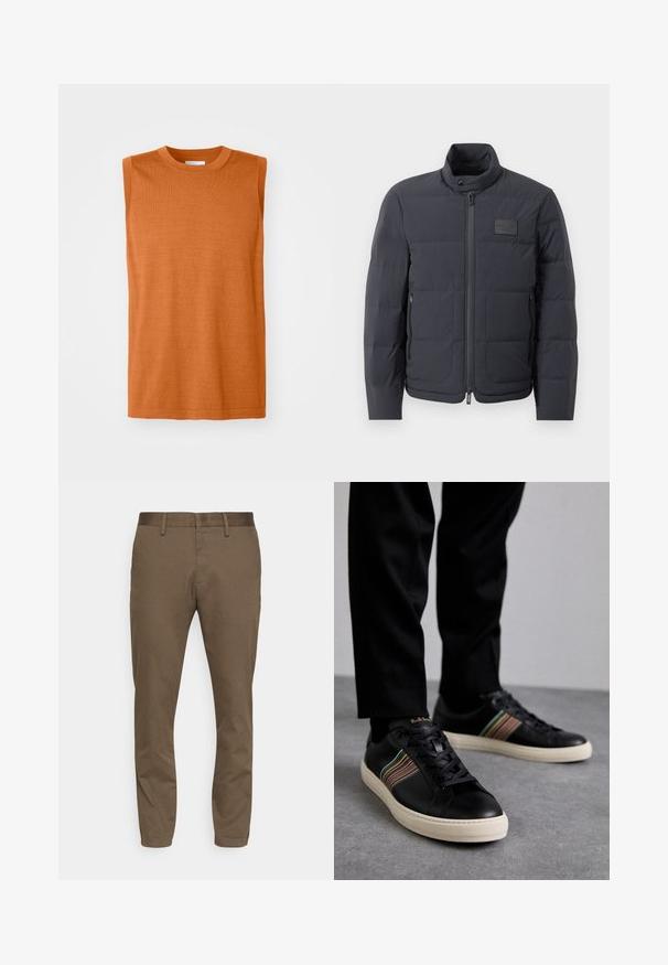 Crna puf jakna s visokim ovratnikom, kviltanom teksturom i prednjim zatvaračem. Ima mali logotip na lijevoj strani prsnog dijela i bočne džepove.; Majica bez rukava narančaste boje, od pletenine, s okruglim izrezom, glatkom teksturom i ravnim krojem, s čistim rubom i minimalnim detaljima.; Smeđe hlače od rastezljive tkanine slim kroja. Imaju glatki pojas, petlje za remen i dva prednja džepa.; Crne kožne tenisice s višebojnim prugastim akcentima, okrugli vrh i bijele gumene potplate, s vezicama i urezanim logotipom.