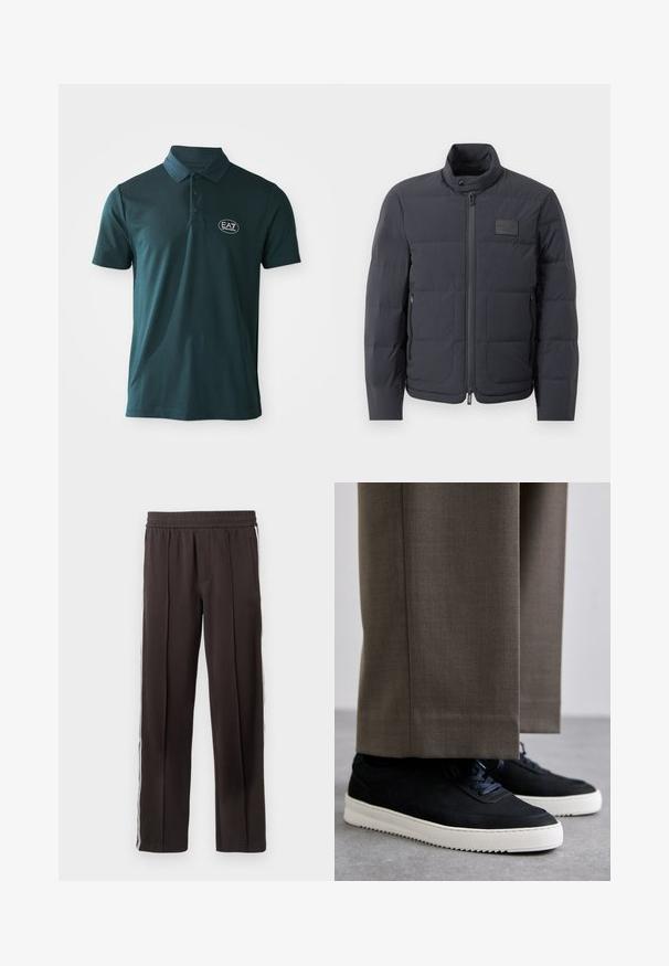Černá péřová bunda s vysokým límcem, prošívanou strukturou a předním zipem. Obsahuje malé logo na levé straně hrudi a boční kapsy.; Tmavě modré polokošile s krátkým rukávem a knoflíky, na levé straně hrudi bílé logo EA7 Emporio Armani na bílém pozadí.; Černé sportovní kalhoty vyrobené z měkké tkaniny, s elastickým pasem, dvěma postranními kapsami a bílými bočními pruhy. Klasický rovný střih nohavic.; Černé semišové tenisky s bílými gumovými podrážkami, s kulatou špičkou a tkaničkami, obuté s šedými úzkými kalhotami.