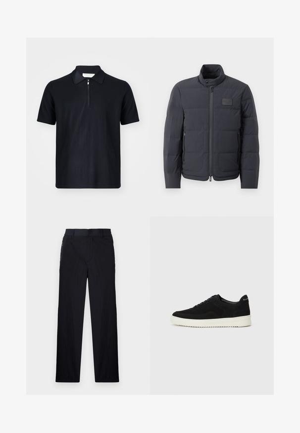 Juodas pūkuotas džemperis su aukštu kaklu, siuvinėta tekstūra ir priekiniais užtrauktukais. Yra mažas logotipo pleistras kairėje krūtinės pusėje ir šoniniai kišeniai.; Jūrinė trumpomis rankovėmis polo marškinėliai, pagaminti iš minkštos medžiagos, su užtrauktuku apykaklėje ir švariomis linijomis. Nėra matomų logotipų ar raštų.; Juodos kelnės, pagamintos iš lengvos tekstūruotos medžiagos, tiesaus silueto, su elastingu juosmeniu ir šoniniais užtrauktukų kišenėmis.; Juodos veliūrinės sportinės bateliai su raištelių dizainu ir kontrastinga balta gumine padais. Yra tekstūruoti šoniniai skydeliai ir subtilus logotipas ant kulno.