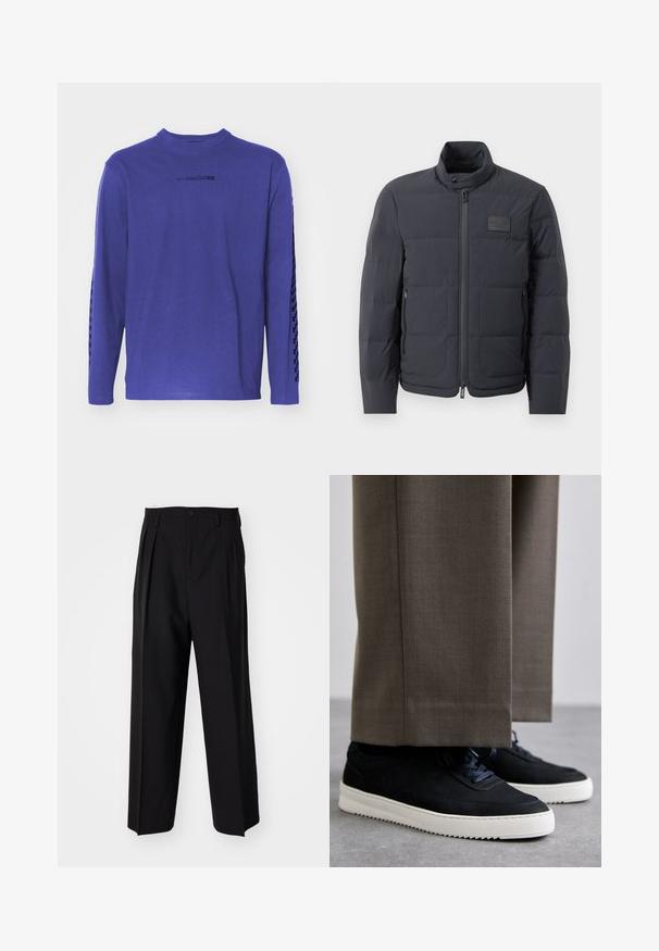 Must musternakk, millel on kõrge kaelus, tikkimise tekstuur ja esi tõmblukk. Iseloomustab väike logopatch vasakul rinnal ja küljetaskud.; Pikkade varrukatega lillat T-särki, mis on valmistatud puuvillast, ümmarguse kaeluse ja mustrilise aktsendiga varrukatel, rinnal logo.; Mustad volditud püksid sirge ja laia säärega disainiga. Valmistatud siledast kangast, millel on nuppudega sulgemine ja vööaasad.; Mustad suleed sneakers valge kummist tallaga, ümarate varvaste ja paeltega, kantud hallide ülikonna pükste kõrval.