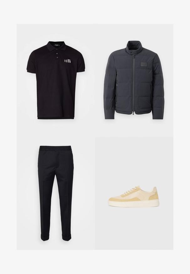 Chaqueta acolchada negra con cuello alto, textura acolchada y cierre frontal. Presenta un pequeño parche con logo en el pecho izquierdo y bolsillos laterales.; Polo negro en mezcla de algodón con cuello clásico, tres botones y texto "ICON" en blanco en el pecho izquierdo. Textura suave, mangas cortas.; Pantalones negros de tela ligera, con una cintura elástica, bolsillos laterales y puños enrollados. Textura suave con pliegues en la parte delantera.; Zapatillas de ante y piel en un amarillo claro, con una suela acolchada y acentos cosidos. Diseño clásico de cordones con punta redondeada.