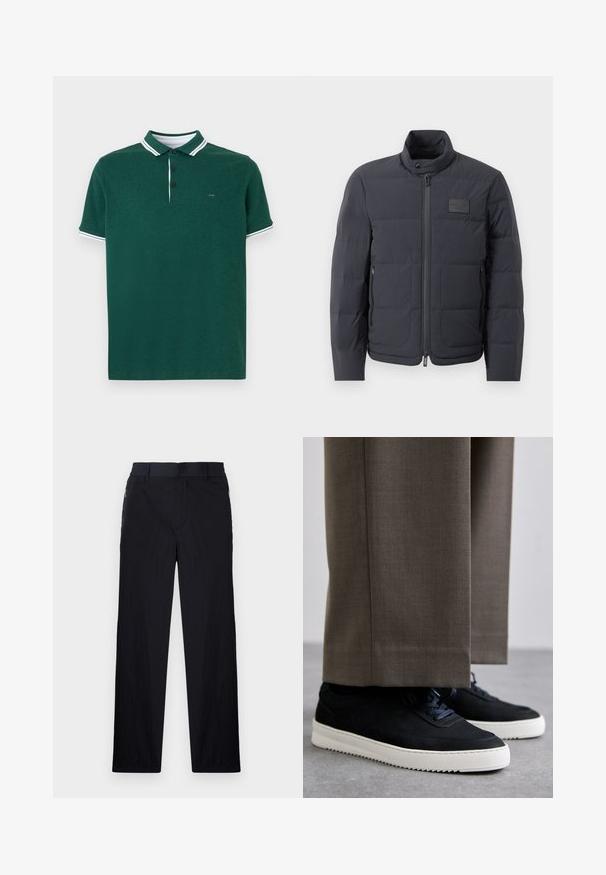 Juodas pūkuotas džemperis su aukštu kaklu, siuvinėta tekstūra ir priekiniais užtrauktukais. Yra mažas logotipo pleistras kairėje krūtinės pusėje ir šoniniai kišeniai.; Tamsiai žalia polo marškinėliai su baltais juosteliais ant apykaklės ir rankovių, turi tris mygtukus, minkštą tekstūrą ir išsiuvinėtą logotipą krūtinėje.; Juodos kelnės, pagamintos iš lengvos tekstūruotos medžiagos, tiesaus silueto, su elastingu juosmeniu ir šoniniais užtrauktukų kišenėmis.; Juodi zomšiniai sportbačiai su baltais guminiais padais, su apvalia nosimi ir raišteliais, dėvimi su pilkais pritaikytais kelnais.