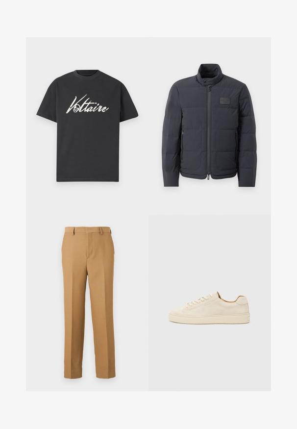 Černá péřová bunda s vysokým límcem, prošívanou strukturou a předním zipem. Obsahuje malé logo na levé straně hrudi a boční kapsy.; Černé bavlněné tričko s velkým bílým grafickým potiskem "Voltaire" a designem lebky. Krátké rukávy, kulatý výstřih a uvolněný střih.; Beige kalhoty z tkané látky, s rovnými nohavicemi, plochým předním dílem a poutky na opasek. Hladký povrch bez viditelných vzorů.; Beige semišové tenisky s nízkým střihem, kulatou špičkou, plochými tkaničkami a texturovanou gumovou podrážkou. Minimalistický styl bez viditelných log.