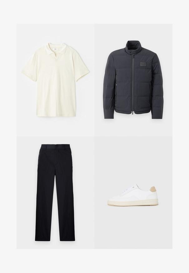 Črna napihnjena jakna z visokim ovratnikom, prešito teksturo in sprednjim zadrgo. Ima majhno logo nalepko na levem prsnem delu in stranske žepe.; Kremna polo majica s klasičnim ovratnikom, kratkimi rokavi in rahlim v-izrezom na vratu. Gladka tekstura in minimalen dizajn.; Črne hlače iz lahke, teksturirane tkanine, ravne noge, elastičen pas in stranski žepki na zadrgo.; Bele nizke superge z zgornjim delom iz teksturirane usnjene površine, smetano obrobljenim podplatom in svetlo rjavo akcentom na peti. Imajo bele vezalke in podrobnost z logotipom na peti.