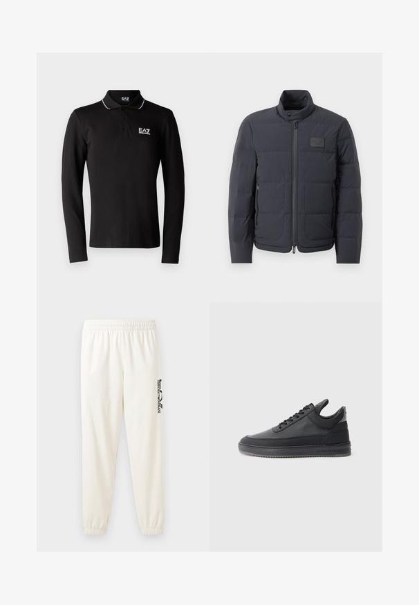 Čierna puffová bunda s vysokým golierom, prešívanou textúrou a predným zipsom. Obsahuje malú nášivku loga na ľavej hrudi a bočné vrecká.; Čierna polo košeľa s dlhým rukávom vyrobená z bavlny. Obsahuje gombíkový golier, logo EA7 na hrudi a biele kontrastné švy.; Svetlo béžové tepláky s elastickým pásom a elastickými manžetami. Na ľavej nohe sa nachádza čierny potlačený logo. Mäkká textúra látky.; Čierne kožené tenisky s textúrovaným povrchom, viazacím dizajnom, nízkym strihom a šedou gumovou podrážkou s drážkovaným okrajom.
