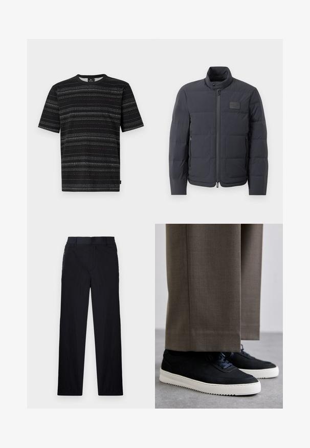 Casaco puffer preto com gola alta, textura acolchoada e fecho éclair frontal. Apresenta um pequeno emblema no lado esquerdo do peito e bolsos laterais.; T-shirt preta de mangas curtas com gola redonda, apresentando riscas horizontais em branco, azul e laranja. Feita de um tecido suave.; Calças pretas com um tecido leve e texturizado, design de pernas retas, cintura elástica e bolsos laterais com fecho.; Sapatilhas de camurça pretas com solas de borracha brancas, apresentando um bico arredondado e atacadores, usadas com calças cinzas ajustadas.