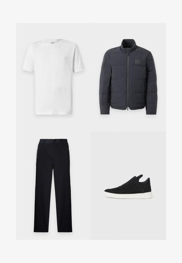 Black puffer jacket with a high collar, quilted texture, and a front zipper. Features a small logo patch on the left chest and side pockets.; White cotton t-shirt with a round neck and short sleeves. Features a small, textured logo on the left chest area. Smooth fabric texture.; Black trousers featuring a lightweight, textured fabric, straight-leg design, elastic waistband, and side zip pockets.; Black suede sneaker with a white rubber sole, featuring tonal stitching and lace-up design. Smooth texture with a modern, streamlined shape.