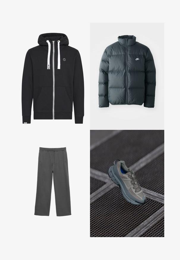 Doudoune noire avec sections matelassées, col haut et fermeture éclair à l'avant. Présente un petit logo Nike blanc sur la poitrine.; Haut de survêtement zippé noir en mélange de coton. Caractéristiques : fermeture éclair argentée, cordons de fermeture blancs, poches avant et patch logo sur la poitrine.; Pantalons de survêtement larges gris foncé avec une taille élastique, un cordon de serrage et deux poches latérales, présentés sur un fond blanc.; Chaussure de sport beige et grise avec une tige en maille texturée, un bout arrondi et une semelle en caoutchouc, comportant des lacets et un col rembourré.