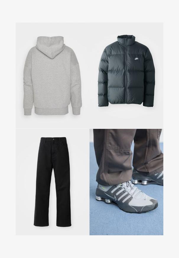 Black puffer jacket with quilted sections, high collar, and front zipper. Features a small white Nike logo on the chest.; Gray hoodie with a fitted hood, wide sleeves, and ribbed hem. Soft, textured fabric with no visible patterns or hardware details.; Black denim pants with a straight cut, featuring front pockets, a zip fly, and a single top button. Textured fabric with a matte finish.; Gray and silver Nike Shox sneakers feature a sleek design, with mesh and synthetic materials, a rounded toe, and a padded collar.
