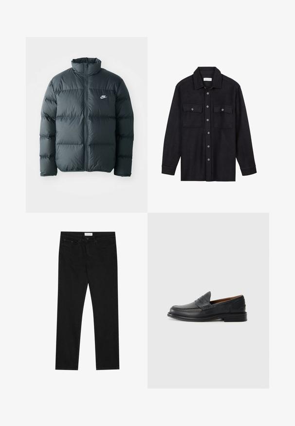 Black puffer jacket with quilted sections, high collar, and front zipper. Features a small white Nike logo on the chest.; Black wool shirt jacket with a collar, front button closure, two chest pockets, and long sleeves. Soft texture, no visible patterns.; Black straight-leg jeans with five-pocket design, button and zip fly closure, and a Pier One brand label on the waistband.; Black leather loafers with a stitched design, rounded toe, low stacked heel, and slip-on style. Smooth texture with slight shine.