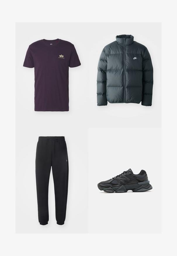 Sort pufferjakke med quiltede sektioner, høj krave og lynlås foran. Har et lille hvidt Nike-logo på brystet.; Lilla bomulds t-shirt med rund hals, korte ærmer og et guld logo med vinger i øverste venstre hjørne. Blød tekstur, afslappet design.; Sorte sweatpants lavet af blødt materiale med elastisk talje, snore og indsnævrede manchetter, med et diskret logo på siden.; Sorte løbesko med en blanding af mesh og syntetiske materialer, kraftig sål, buet design og fremtrædende branding på siden.