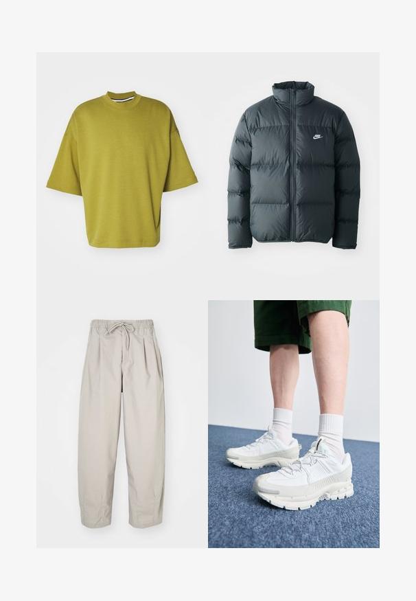 Melnā pūkaina jaka ar kvadrātveida šuvēm, augstu apkakli un priekšējo rāvējslēdzēju. Uztur mazs balts Nike logo uz krūtīm.; Olīvu zaļš pārāk liels T-kreklus ar augstu kakla izgriezumu, īsām piedurknēm un mīkstu tekstūru. Nav redzamu rakstu vai piederumu.; Beige, viegla auduma bikses ar elastīgu jostu un auklu. Iespējas - krokas un brīvs piegriezums, izgatavotas no mīksta, gluda auduma.; Baltas sporta apavi ar teksturētām detaļām, masīvu zoli un pelēkiem akcentiem. Valkāti ar baltiem zeķu pēdu apģērbiem un zaļām šortiem uz zilas virsmas.