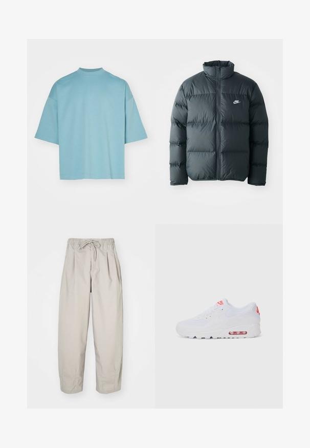 Melnā pūkaina jaka ar kvadrātveida šuvēm, augstu apkakli un priekšējo rāvējslēdzēju. Uztur mazs balts Nike logo uz krūtīm.; Nike Sportswear TECH FLEECE - Pamata T-krekls - denim turquoise; Beige, viegla auduma bikses ar elastīgu jostu un auklu. Iespējas - krokas un brīvs piegriezums, izgatavotas no mīksta, gluda auduma.; Baltas sporta apavi ar gludu augšdaļu, saitēm, mīkstu zoli un redzamu gaisa vienību ar sarkaniem akcentiem uz zīmola.