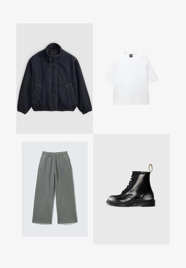 Giacca blu scuro con colletto alto, polsini elastici e due tasche frontali. Dettagli di cucitura visibili e un fit rilassato, leggermente oversize.; T-shirt bianco a maniche corte in cotone, con scollatura rotonda e vestibilità rilassata con orlo dritto. Nessun motivo o decorazione.; Pantaloni a gamba larga grigio chiaro realizzati in tessuto morbido, con cintura elastica e due tasche laterali, caratterizzati da cuciture visibili.; Stivali neri in pelle fino alla caviglia con una finitura lucida, otto asole, lacci neri e un manico. Presentano una suola a carrarmato texturizzata.