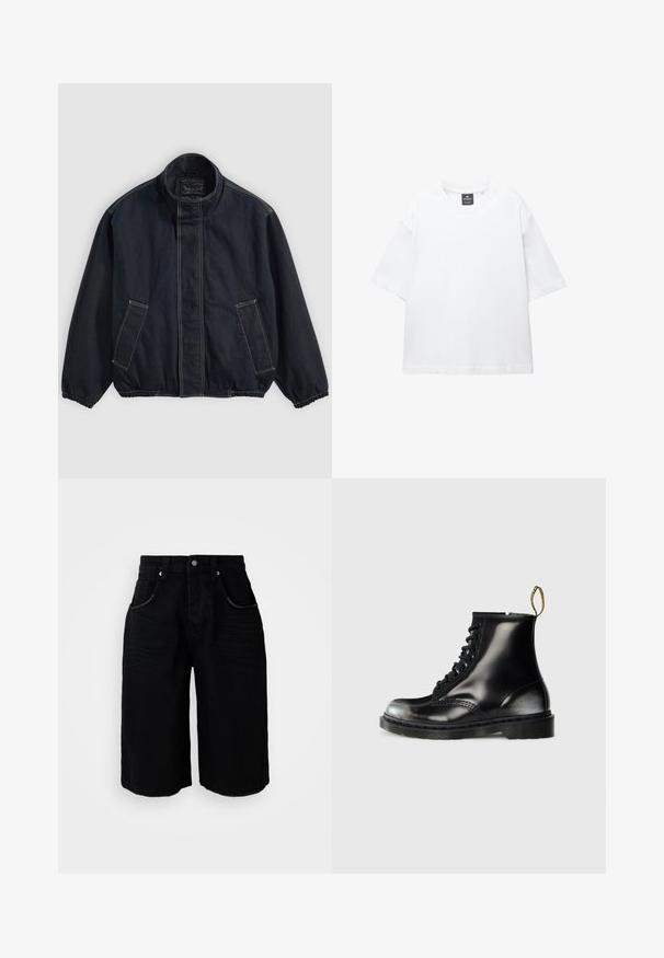 Temno modra jakna z dvignjenim ovratnikom, elastičnimi manšetami in dvema sprednjima žepoma. Vidne šive in sproščen kroj, rahlo oversize.; Bela majica s kratkimi rokavi iz bombaža, z okroglo ovratnikom in sproščenim krojem ter ravnim robom. Brez vzorcev ali okrasnih elementov.; Črne usnjene kratke hlače s ravnim krojem, petimi žepi, kovinskim gumbom za zapiranje in subtilno teksturo. Rob je dokončan z ravnim rezom.; Črne usnjene gležnjarje s sijajno površino, osem luknjicami, črnimi vezalkami in zanko za pomoč pri obuvanju. Imajo teksturiran podplat z globokim profilom.