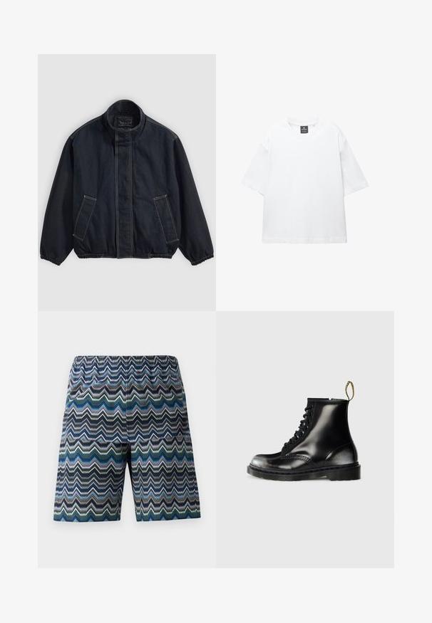 Tmavomodrá bunda s výstrihom, elastickými manžetami a dvoma prednými vreckami. Viditeľné švy a uvoľnený, mierne voľný strih.; Biely krátky rukáv tričko vyrobené z bavlny, s okrúhlym výstrihom a voľným strihom so rovnomerným lemovaním. Bez vzorov alebo ozdôb.; pánske šortky s cik-cak vzorom v modrej, zelenej a čiernej farbe. Elastický pás, dĺžka po kolená a ľahký materiál.; Čierne kožené členkové topánky s lesklým povrchom, s ôsmymi otvorom pre šnurovanie, čiernymi šnúrkami a s náťahovým pútkom. Majú textúrovanú podrážku.