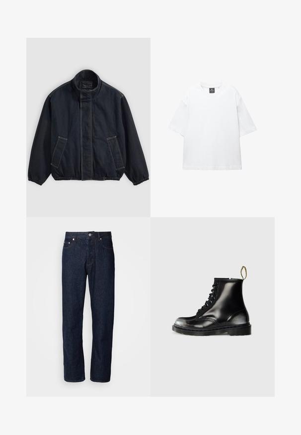 Tamno plava jakna s uspravnim ovratnikom, elastičnim manžetama i dva prednja džepa. Uočljiva šavova i opušteno, blago preveliko krojenje.; Bijela majica kratkih rukava od pamuka, s okruglim izrezom i opuštenim krojem sa ravnim rubom. Bez uzoraka ili ukrasa.; Tamno plave traperice s ravnim nogavicama, koje imaju pet džepova, zatvaranje na dugme i suptilne detalje u šivanju.; Crne kožne gležnjače s sjajnom završnom obradom, osam rupa za vezanje, crne vezice i petlja za lakše obuvanje. Imaju teksturiranu potplate s uzorkom.