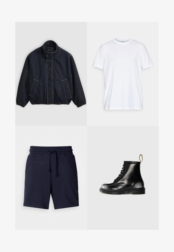 Donkerblauwe jas met een staande kraag, elastische mouwen en twee voorkeurszakken. Zichtbare stiksels en een casual, licht oversized pasvorm.; Witte katoenen t-shirt met korte mouwen, ronde ronde hals en een relaxed fit. Heeft een minimalistisch ontwerp, zonder patronen of accenten.; Marineblauwe shorts met een ontspannen pasvorm, elastische tailleband en verstelbaar trekkoord. Lichtgewicht stof met een gladde textuur.; Zwarte leren enkellaarzen met een glanzende afwerking, acht veterogen, zwarte veters en een trekloop. Voorzien van een getextureerde, gedetailleerde zool.