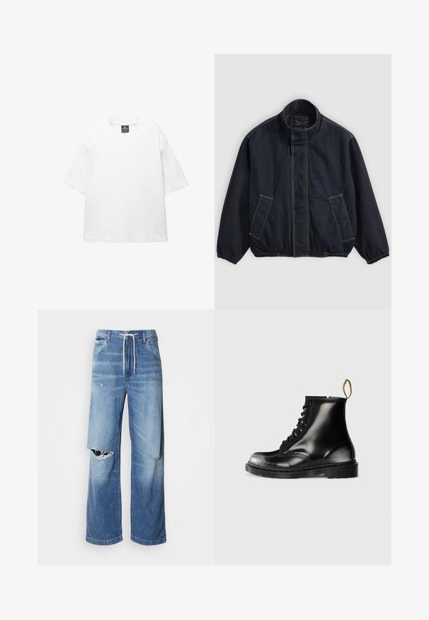 Granatowa kurtka z stójką, elastycznymi mankietami i dwoma przednimi kieszeniami. Widoczne detale szwów oraz luźny, nieco oversize'owy krój.; Biała krótka koszulka z krótkim rękawem, wykonana z bawełny, z okrągłym dekoltem i luźnym fasonem oraz prostym dołem. Bez wzorów ani ozdób.; Jasnoniebieskie dżinsy o luźnym kroju, z białym sznurkiem w pasie oraz wyraźnymi przetarciami z przodu, odsłaniającymi postrzępione krawędzie.; Czarne skórzane botki za kostkę o błyszczącej powierzchni, z ośmioma otworami na sznurówki, czarnymi sznurowadłami i pętelką do zakładania. Posiadają teksturowaną, kauczukową podeszwę.