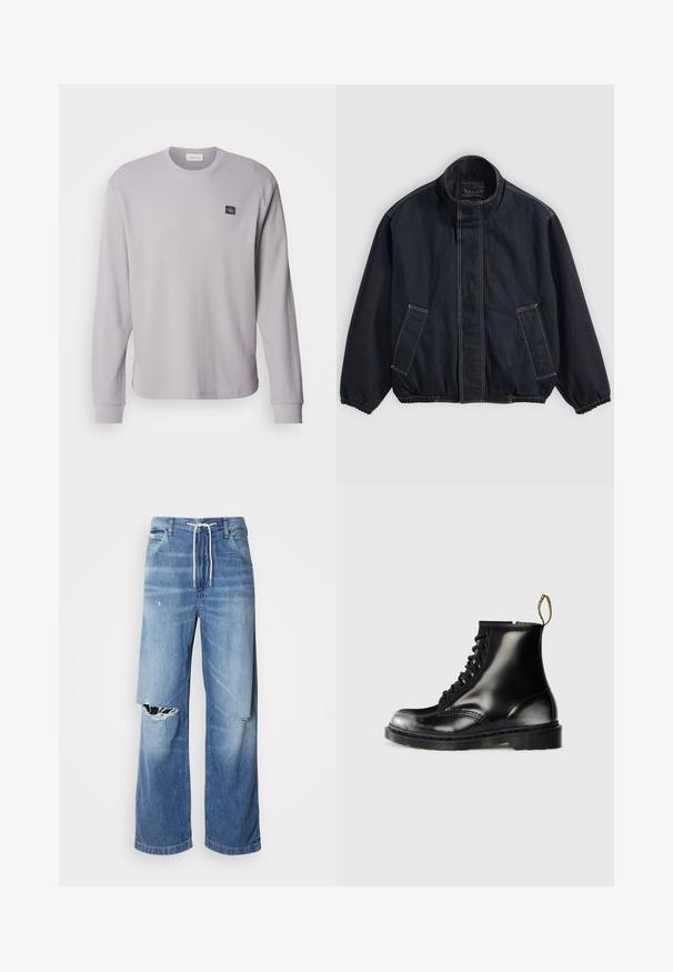 Tamsiai mėlynas švarkas su stovinčiu apykakle, elastingais rankogalviais ir dviem priekinėmis kišenėmis. Matoma siuvimo detalė ir laisvas, šiek tiek per didelis kirpimas.; Ilgų rankovių šviesiai pilkas vaflinis marškinėlis su apvaliu iškirptu ir šoninėmis įvyniojo rankovėmis; kairėje krūtinės pusėje yra mažas juodas logotipo ženklelis.; Šviesiai mėlynos džinsinės kelnės su laisvu kirpimu, turinčios baltą raištelį liemens, ir išskirtinius įpjovimus priekyje, rodančius nusidėvėjusias briaunas.; Juodi odiniai kulkšniniai batai su blizgiu paviršiumi, aštuoniais skylutėmis, juodomis raišteliais ir pakabinti kilpą. Turi tekstūruotą padą su raštais.