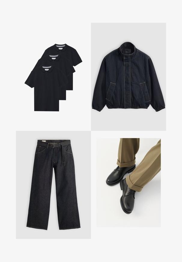 Tamsiai mėlynas švarkas su stovinčiu apykakle, elastingais rankogalviais ir dviem priekinėmis kišenėmis. Matoma siuvimo detalė ir laisvas, šiek tiek per didelis kirpimas.; Trys juodos medvilnės polo marškiniai su klasikiniu apykakle, dviejų mygtukų užtrauktuku ir kontrastinga juostele ant apykaklės.; Tamsaus džinsinio audinio plačių kojų kelnės su dirželiu juosmens srityje, turinčios priekinės kišenes ir kontrastingą siuvinėjimą. Sklandus paviršius su tvarkingu dizainu.; Juodi odiniai bateliai su lygia apdaila, turintys raištelius ir apvalų pirštą, derinami su sukrautais chaki kelnais.