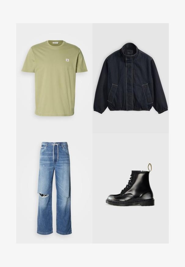 Tume sinine jakk, millel on püsti kaelus, elastsed mansetid ja kaks esikot. Nähtav õmbluste detail ning lõdvestunud, veidi ülemõõduline sobivus.; Oliivroheline lühikeste varrukatega T-särk, mis on valmistatud siledast puuvillast. Esiküljel on väike ristkülikukujuline logo vasakul rinnal. Klassikaline ümar kaelus.; Hele sinise denimist püksid laia lõikega, millel on valgest nöörist vöö ja eristuvad rebenemised ees, paljastades hargnevad servad.; Mustad mustadest nahast pahkluu saapad läikiva viimistlusega, kaheksa silmust, mustad paelad ja tõmblukk. Omab tekstureeritud tallaga mustrit.