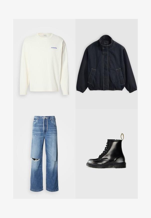 Dark blue jacket with a stand collar, elastic cuffs, and two front pockets. Visible stitching detail and a relaxed, slightly oversized fit.; Long-sleeve, cream-colored t-shirt made of cotton with a crew neck and a small blue Calvin Klein logo on the left chest. Soft texture.; Light blue denim jeans with a loose fit, featuring a white drawstring waist, and distinct rips on the front, showing frayed edges.; Black leather ankle boots with a shiny finish, eight eyelets, black laces, and a pull tab. Features a textured treaded sole.