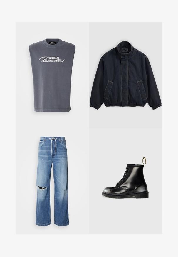 Mörkblå jacka med ståkrage, elastiska mudd, och två framfickor. Synliga sömdetaljer och en avslappnad, något oversized passform.; Grå ärmlös T-shirt i mjukt tyg, med rundad halsringning och ett tryckt motiv med texten "CITY SUMMER Paradise" i vitt.; Ljusblå denimjeans med lös passform, med en vit dragsko i midjan och framträdande revor framtill som visar upp fransade kanter.; Svarta läderankelstövlar med en glänsande yta, åtta öglor, svarta snören och en dragtab. Har en texturerad sula med mönster.