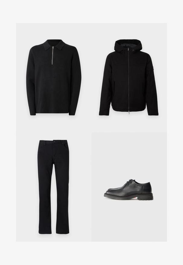 Čierna kapucňová bunda s predným zipsom, hladkou textúrou a minimalistickým dizajnom bez viditeľných log či vzorov.; Čierny pulóver s dlhými rukávmi a zipsovým golierom. Vyrobený z jemnej tkaniny, má hladký povrch a jednoduchý, minimalistický dizajn.; Čierne džíny s rovnými nohavicami vyrobené z denimu. Obsahujú zips, päť vreciek a jemné prešívanie. Plochý pás s pútkom na opasok.; Čierna kožená topánka s hladkým povrchom, okrúhlym prstom a plytkým vrúbkovaním. Hrubá gumová podrážka s miernym opätkom a vzorom protišmyku.