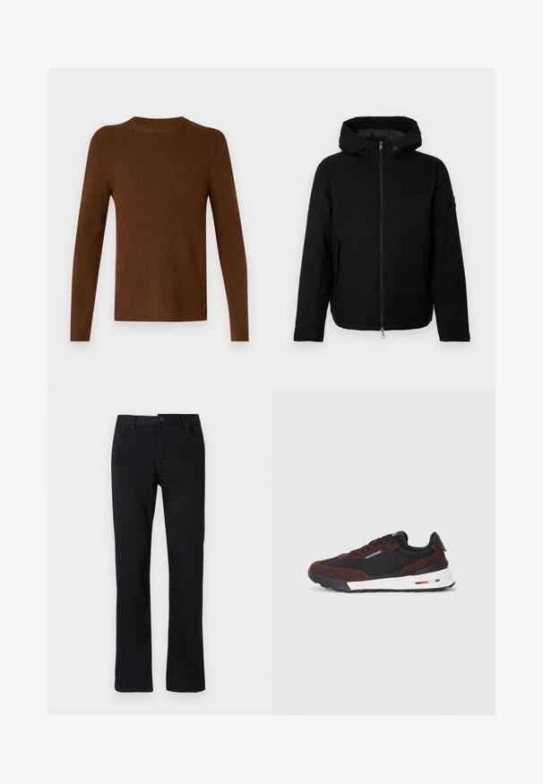 Must mustaga, millel on eesmine tõmblukk, sile tekstuur ja minimaalne disain ilma nähtavate logode või mustriteta.; Pruun kampsun, millel on ümar kaelus, pikad varrukad ja sile tekstuur. Ribakäised ja alläär pakuvad sobivat viimistlust.; Mustad sirgedega teksapüksid, musta värvi. Omavad lukuga sääret, viit taskut ja peent õmblust. Lame vöökoht koos vöökohaga.; Tommy Hilfiger RETRO RUNNER MIX - Tossud - black/cocoa