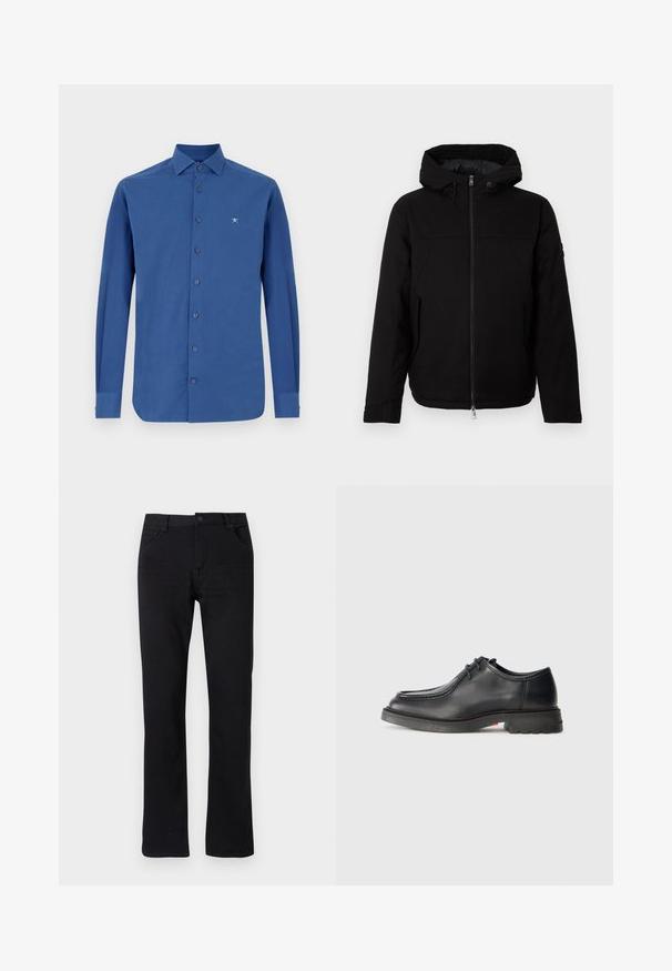 Musta huppari takki, jossa on etuvetoketju, sileä pinta ja minimalistinen muotoilu, ilman näkyviä logoja tai kuvioita.; Sininen pitkähihaisen puuvillapaita, jossa on napitettava etuosa, klassinen kaulus ja hillitty logon brodeeraus rinnassa.; Mustat suorat farkut, jotka on valmistettu denimistä. Varustettu vetoketjulla, viidellä taskulla ja hillityllä ompelutyöllä. Littee vyötärö, jossa on vyölenkki.; Musta nahkasaapas, jossa on sileä pinta, pyöreä kärki ja matala kohokuvioitu ommel. Paksu kumipohja, jossa on pieni kantapää ja pitävä kuvio.