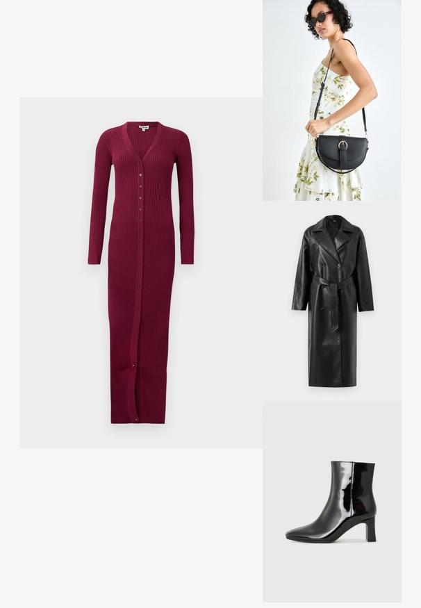 Black leather trench coat with a double-breasted front, large lapels, wide sleeves, and a removable belt at the waist. Smooth texture.; Burgundy ribbed long cardigan with a V-neck, full-length sleeves, and a front button closure. Features a slit at the hem for movement.; Black patent leather ankle boot with a pointed toe and a mid-height block heel. Smooth texture and minimalist design.; Black leather handbag with a curved shape, detachable strap, and gold hardware. The bag features a flap with a buckle detail.