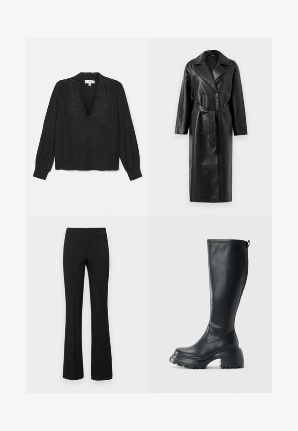 Schwarzer Leder-Trenchcoat mit einer doppelreihigen Vorderseite, großen Revers, weiten Ärmeln und einem abnehmbaren Gürtel in der Taille. Glatte Textur.; Schwarze Bluse mit langen Ärmeln, ausgestattet mit einem dekorativen bestickten Kragen, Knopfverschluss und gerafftem Detail an der Brust. Glatte Textur.; Schwarze Schlaghosen mit gerippter Textur und taillierter Passform. Das Design verfügt über vertikale Nähte für einen schlanken Look. Keine sichtbaren Beschläge.; Hoher schwarzer Lederstiefel mit einer robusten Plateausohle und Blockabsatz, der über eine Zuglasche und ein strukturiertes Profil an der Außensohle verfügt.